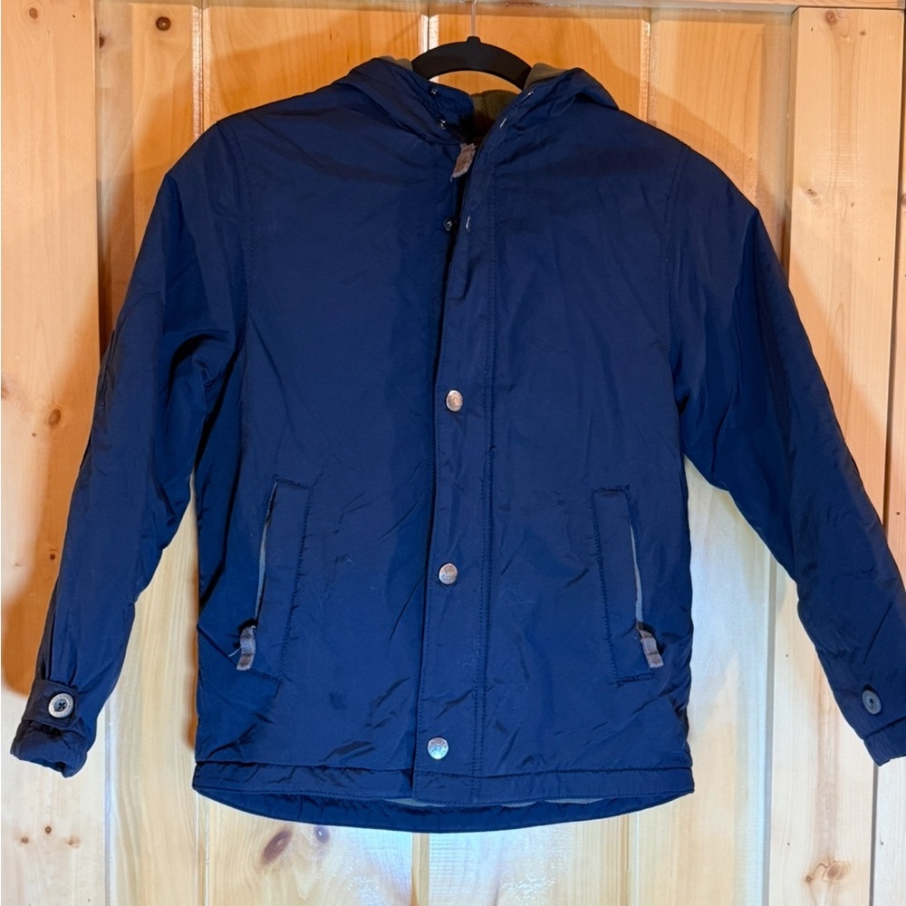 Mini Boden Navy Gray Hooded Padded Fleece Lined Coat Two zippered pockets 9-10yr